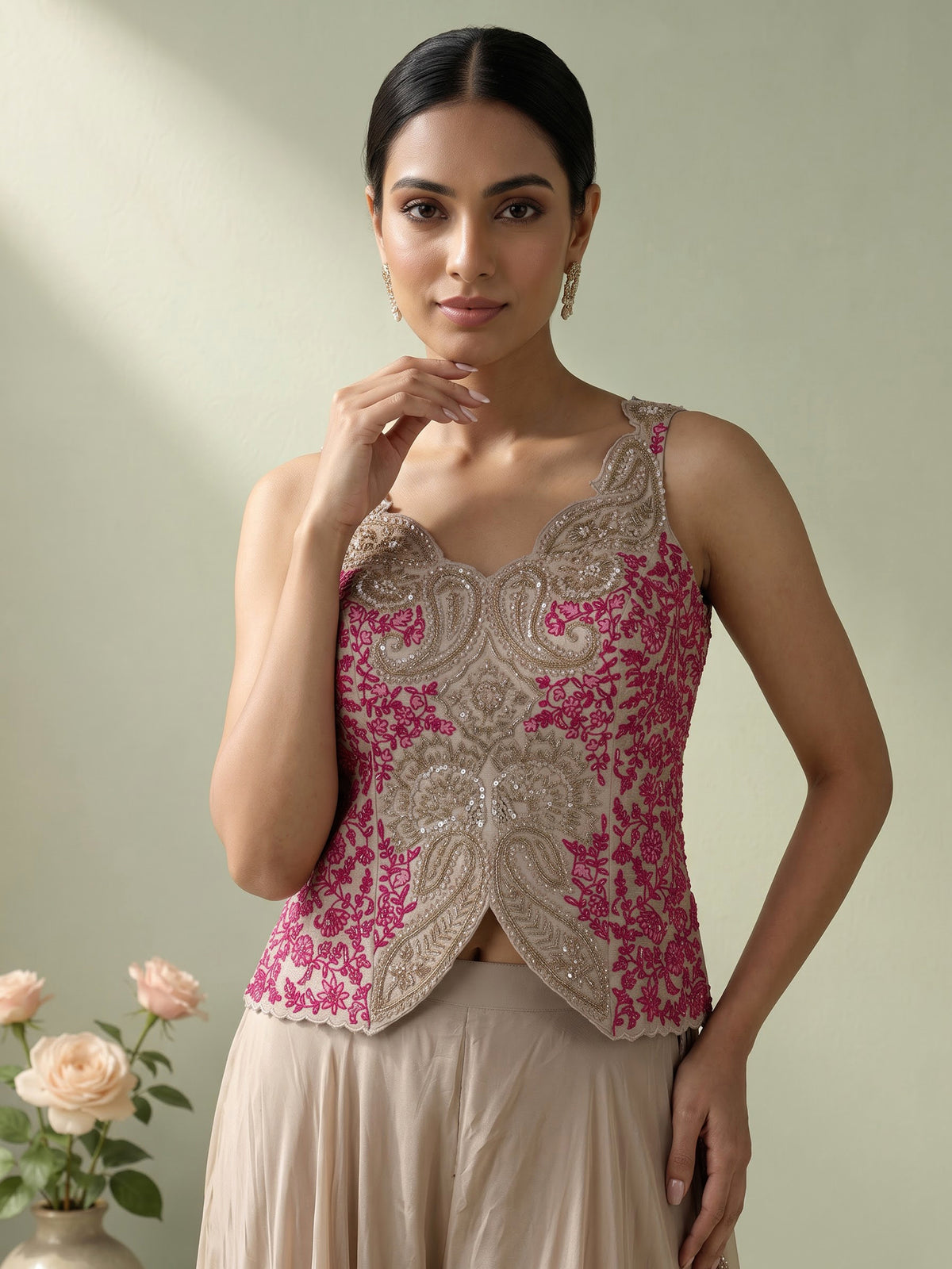 Beige satin silk palazzo suit with pink thread work