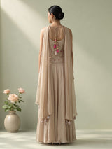 Beige satin silk palazzo suit with pink thread work