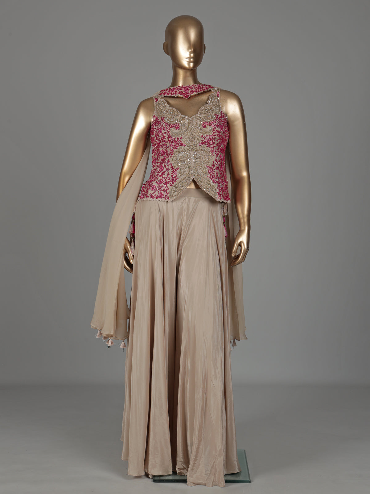 Beige satin silk palazzo suit with pink thread work