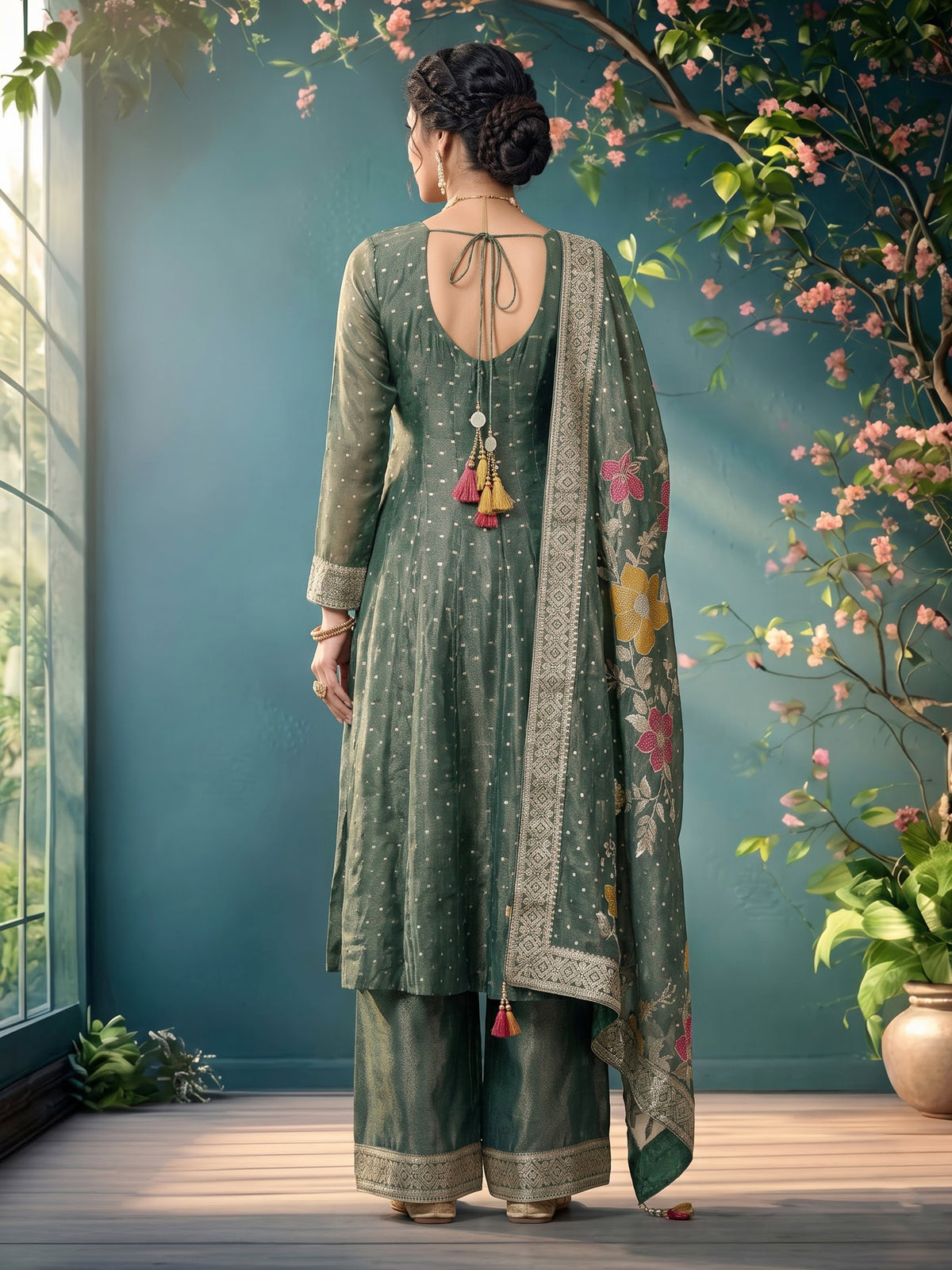 Pastel green tissue silk anarkali with embellished sweetheart yoke