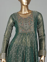Pastel green tissue silk anarkali with embellished sweetheart yoke