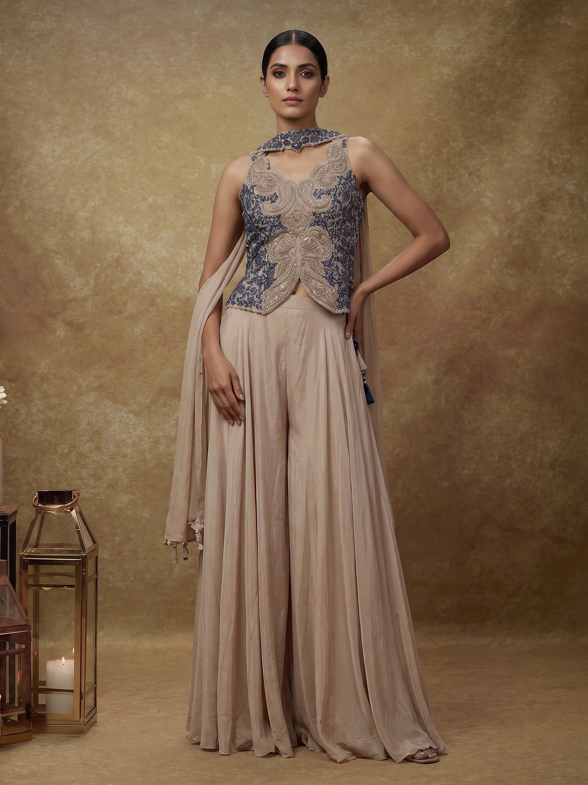 Beige satin silk palazzo suit with blue thread and sequin work