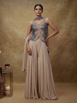 Beige satin silk palazzo suit with blue thread and sequin work