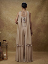 Beige satin silk palazzo suit with blue thread and sequin work
