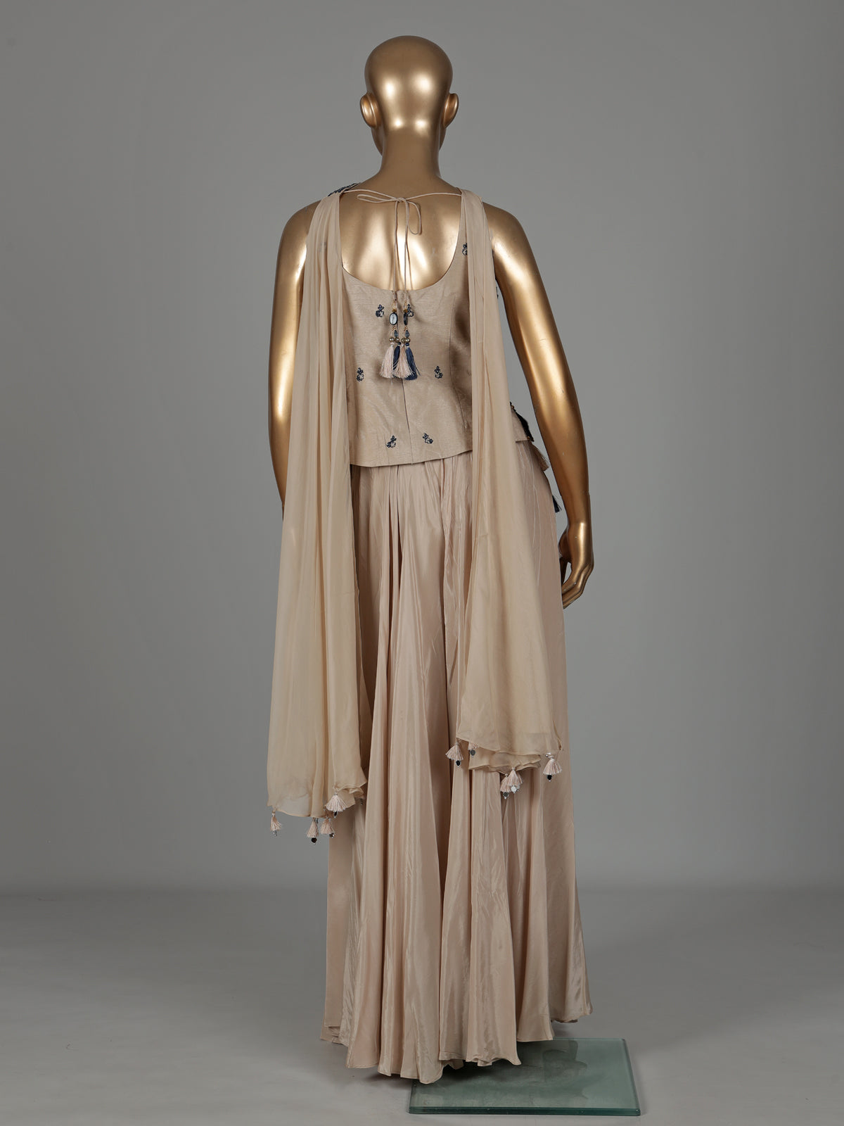 Beige satin silk palazzo suit with blue thread and sequin work