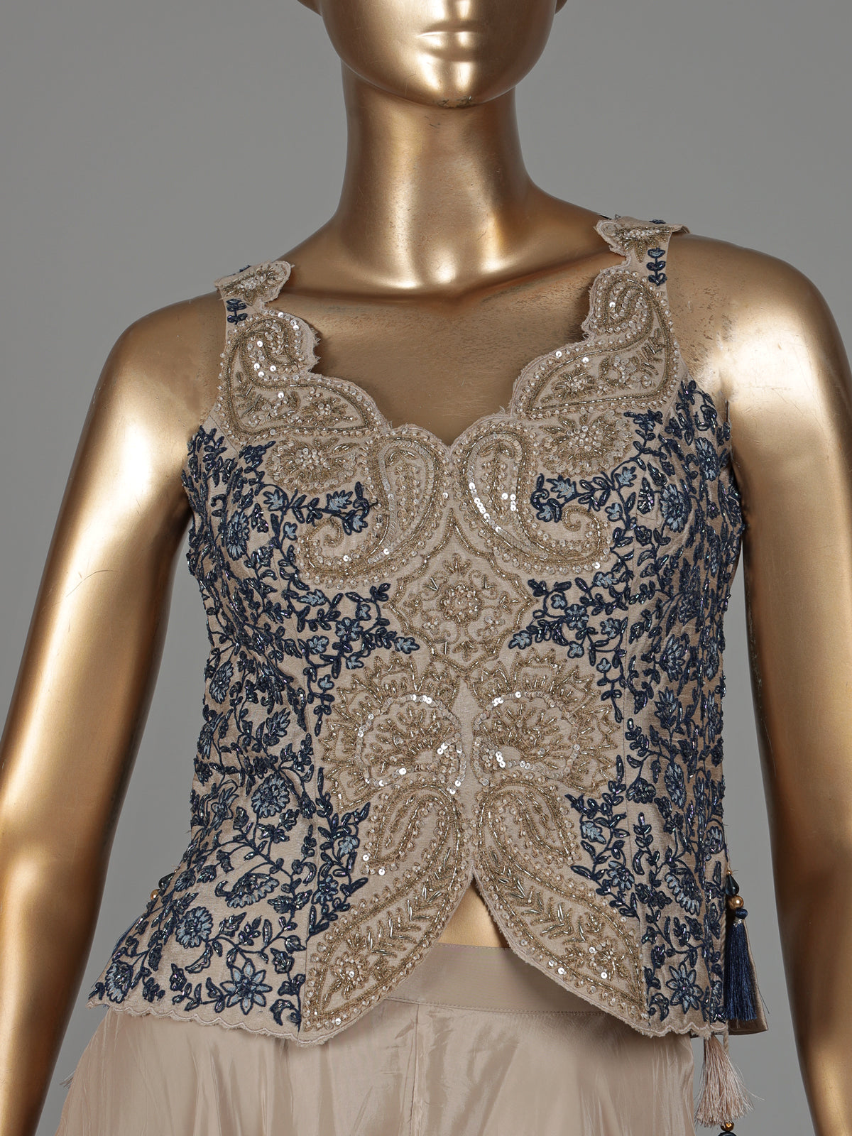 Beige satin silk palazzo suit with blue thread and sequin work