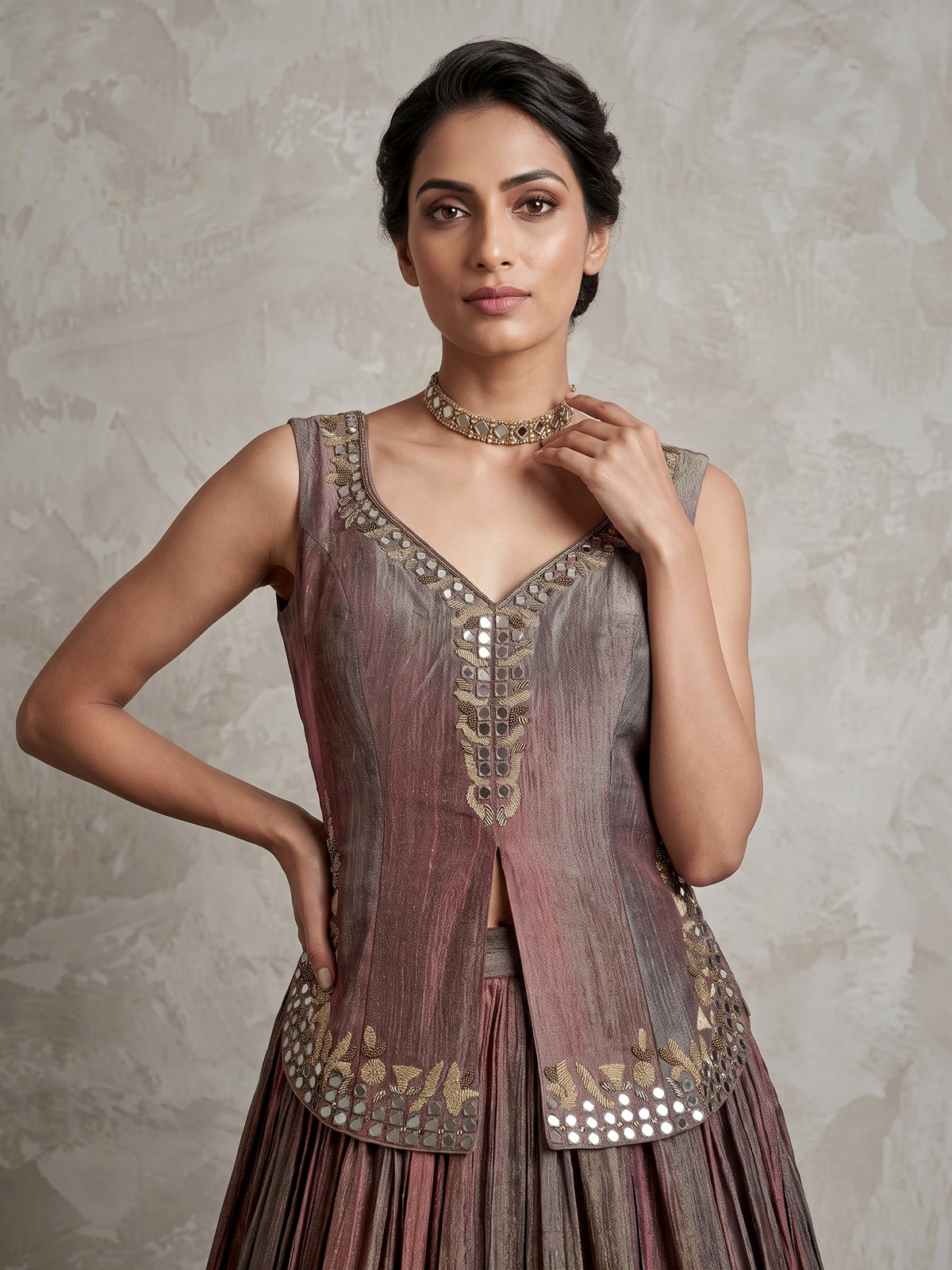 Brown shaded silk lehenga choli with elegant embellished detailing