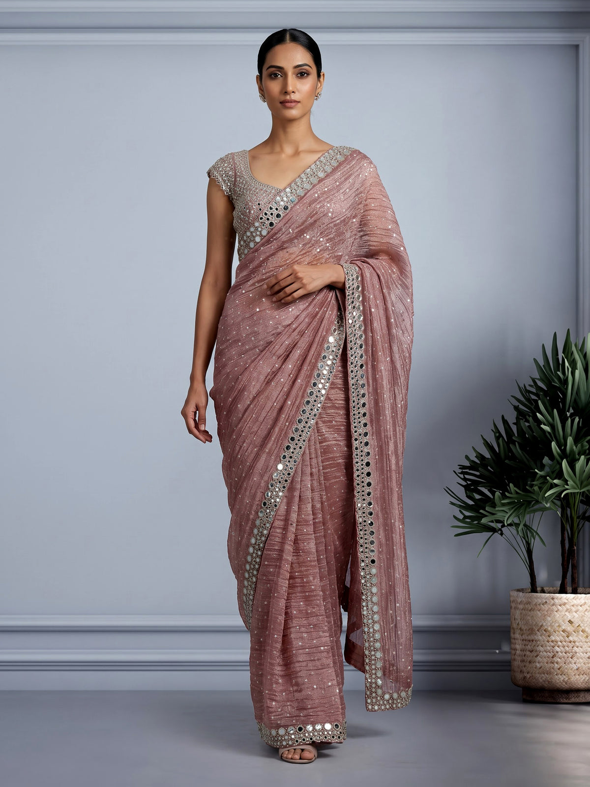 Onion pink tissue silk ready-to-wear saree with zari embellishments