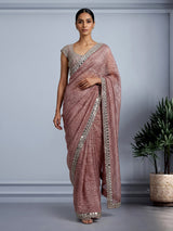 Onion pink tissue silk ready-to-wear saree with zari embellishments