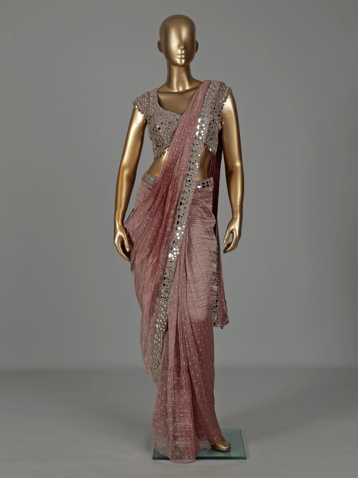 Onion pink tissue silk ready-to-wear saree with zari embellishments