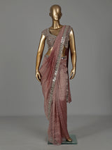 Onion pink tissue silk ready-to-wear saree with zari embellishments