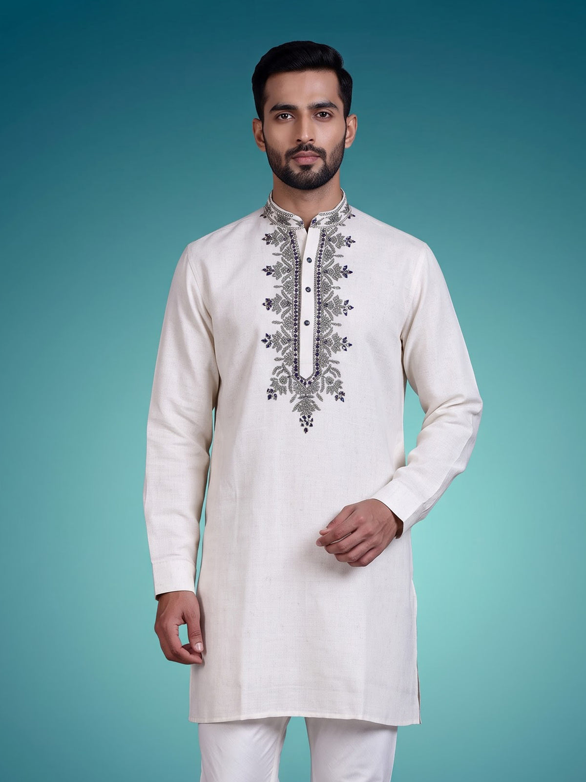 Off white linen mens kurta with intricate aabla threadwork