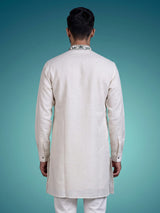 Off white linen mens kurta with intricate aabla threadwork