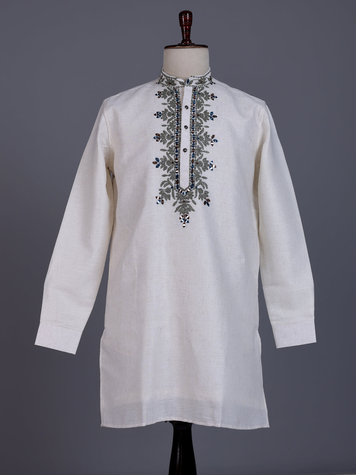 Off white linen mens kurta with intricate aabla threadwork