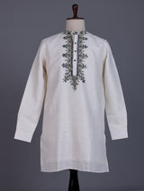 Off white linen mens kurta with intricate aabla threadwork