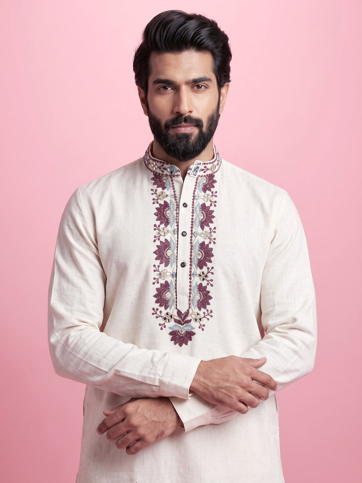 Off white linen mens kurta with thread, aabla embellished yoke