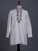 Off white linen mens kurta with thread, aabla embellished yoke
