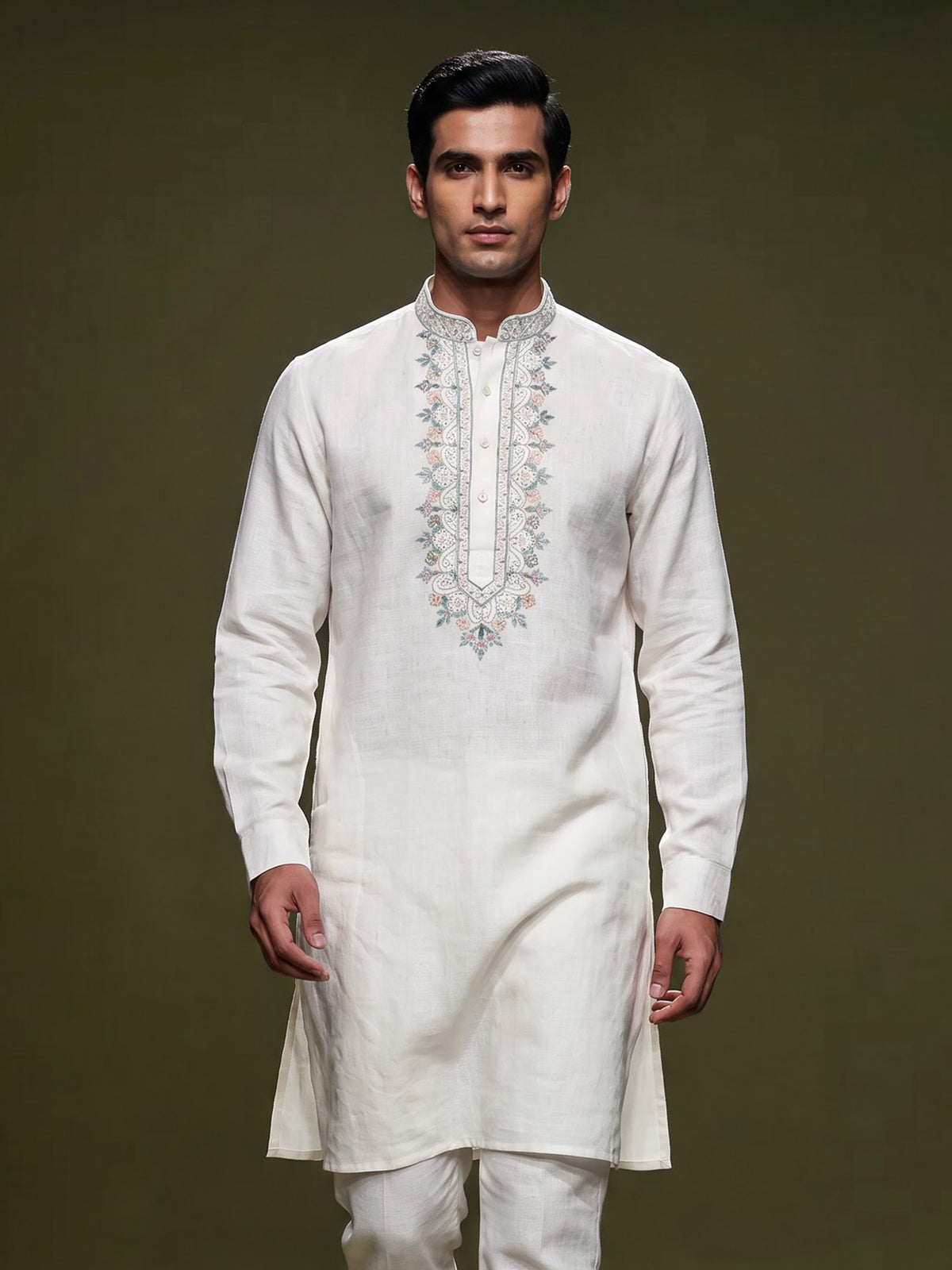 Off white linen mens kurta with thread work