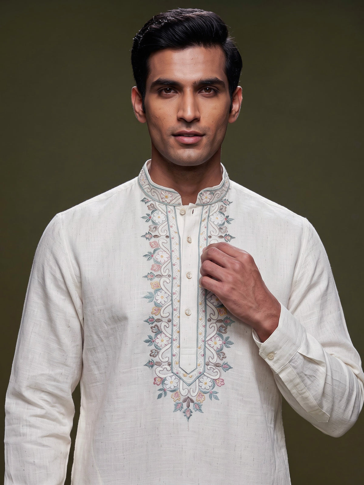 Off white linen mens kurta with thread work