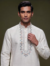 Off white linen mens kurta with thread work