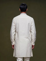 Off white linen mens kurta with thread work