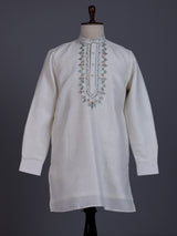 Off white linen mens kurta with thread work