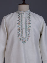 Off white linen mens kurta with thread work