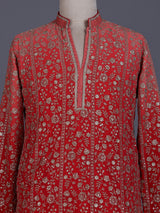 Red georgette mens kurta suit with heavy festive embroidery detailing