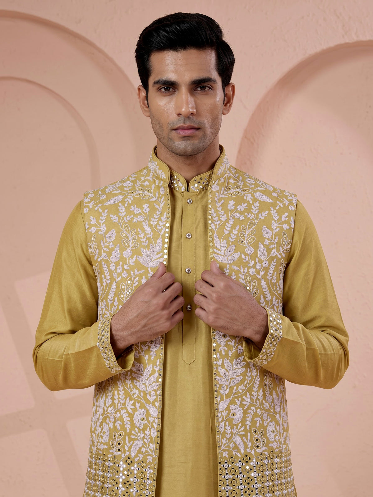 Yellow silk mens waistcoat set with aabla stone border detailing