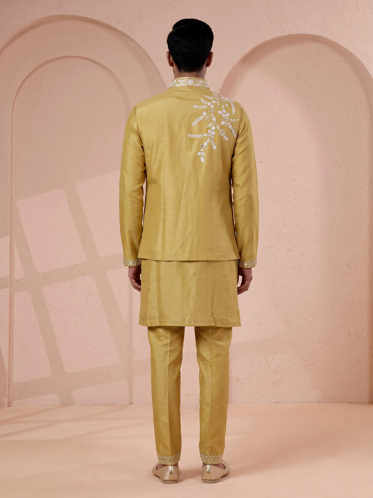 Yellow silk mens waistcoat set with aabla stone border detailing