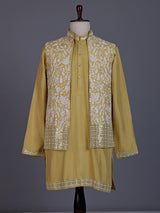 Yellow silk mens waistcoat set with aabla stone border detailing