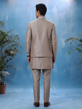 Pastel beige silk mens waistcoat set with geometric aabla accents