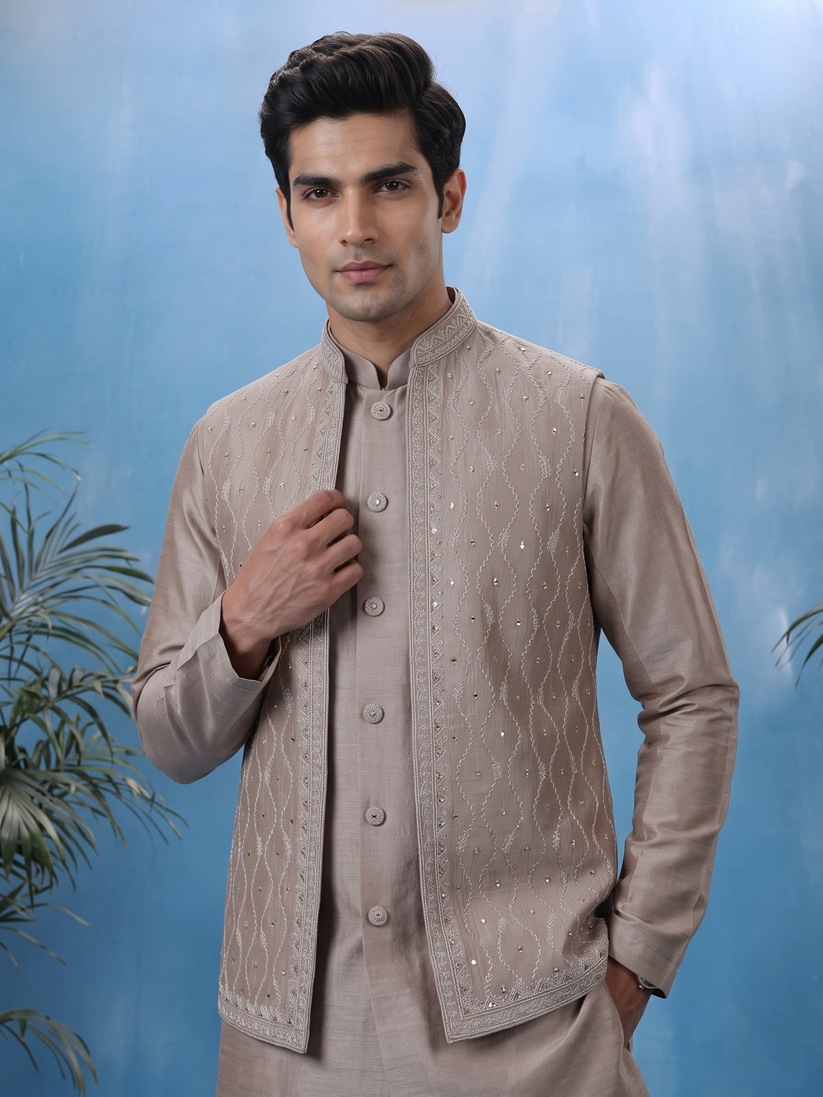 Pastel beige silk mens waistcoat set with geometric aabla accents