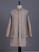 Pastel beige silk mens waistcoat set with geometric aabla accents