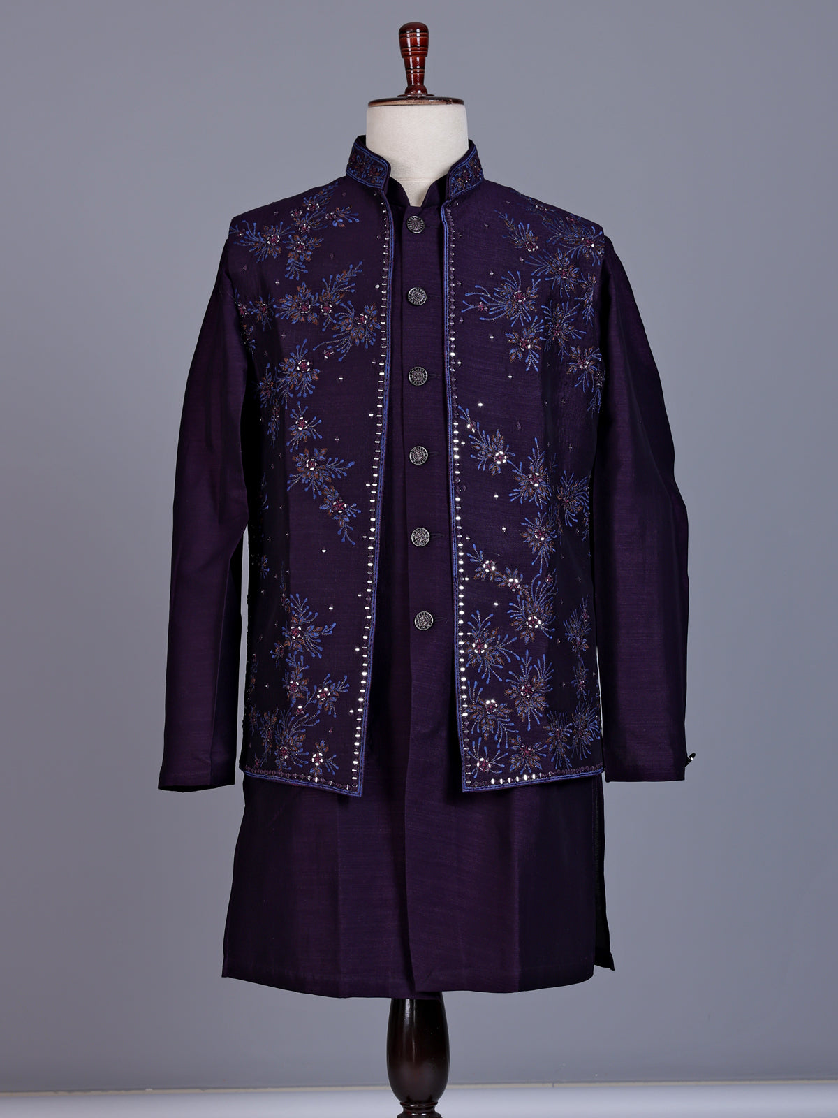 Purple silk mens waistcoat set with floral embroidery and aabla
