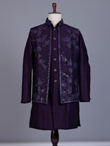 Purple silk mens waistcoat set with floral embroidery and aabla