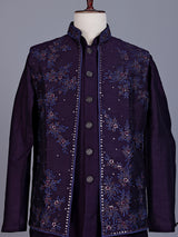 Purple silk mens waistcoat set with floral embroidery and aabla