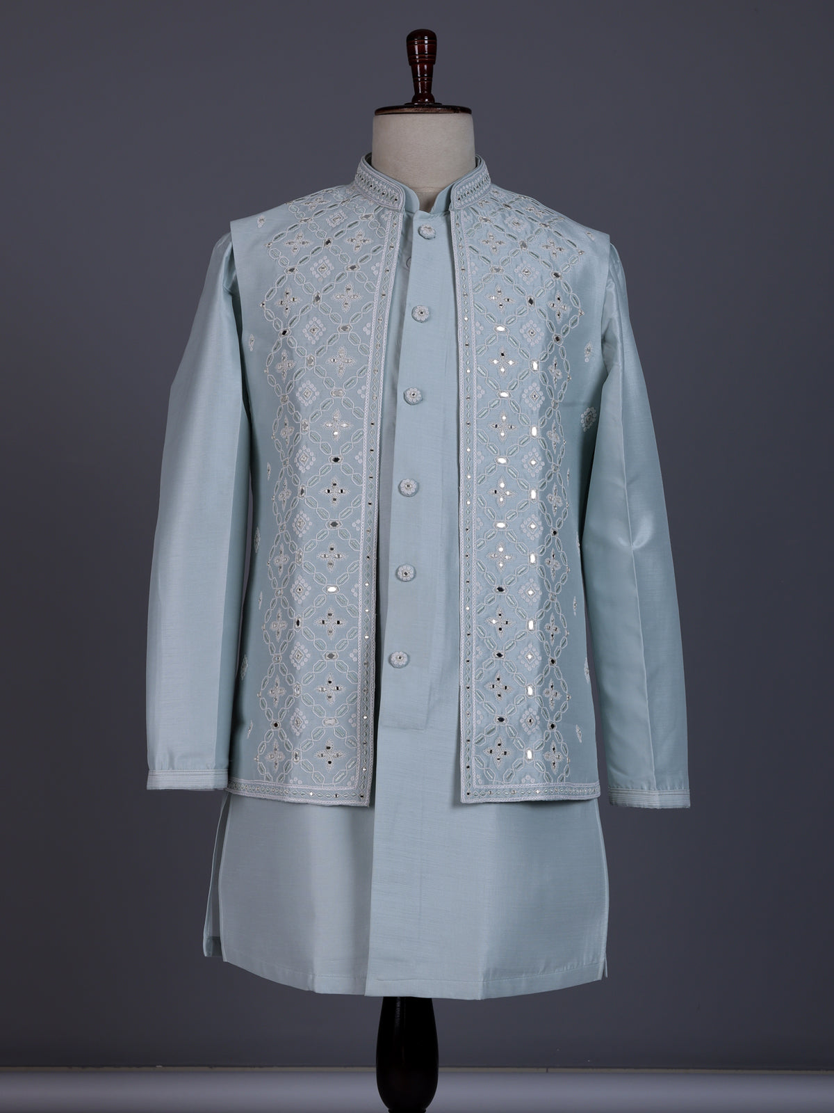 Pastel ice blue silk mens waistcoat set with aabla detailing