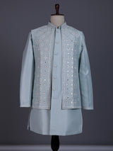 Pastel ice blue silk mens waistcoat set with aabla detailing