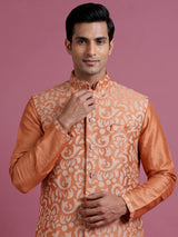 Peach silk mens waistcoat set with botanical sequin weave detailing