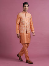 Peach silk mens waistcoat set with botanical sequin weave detailing