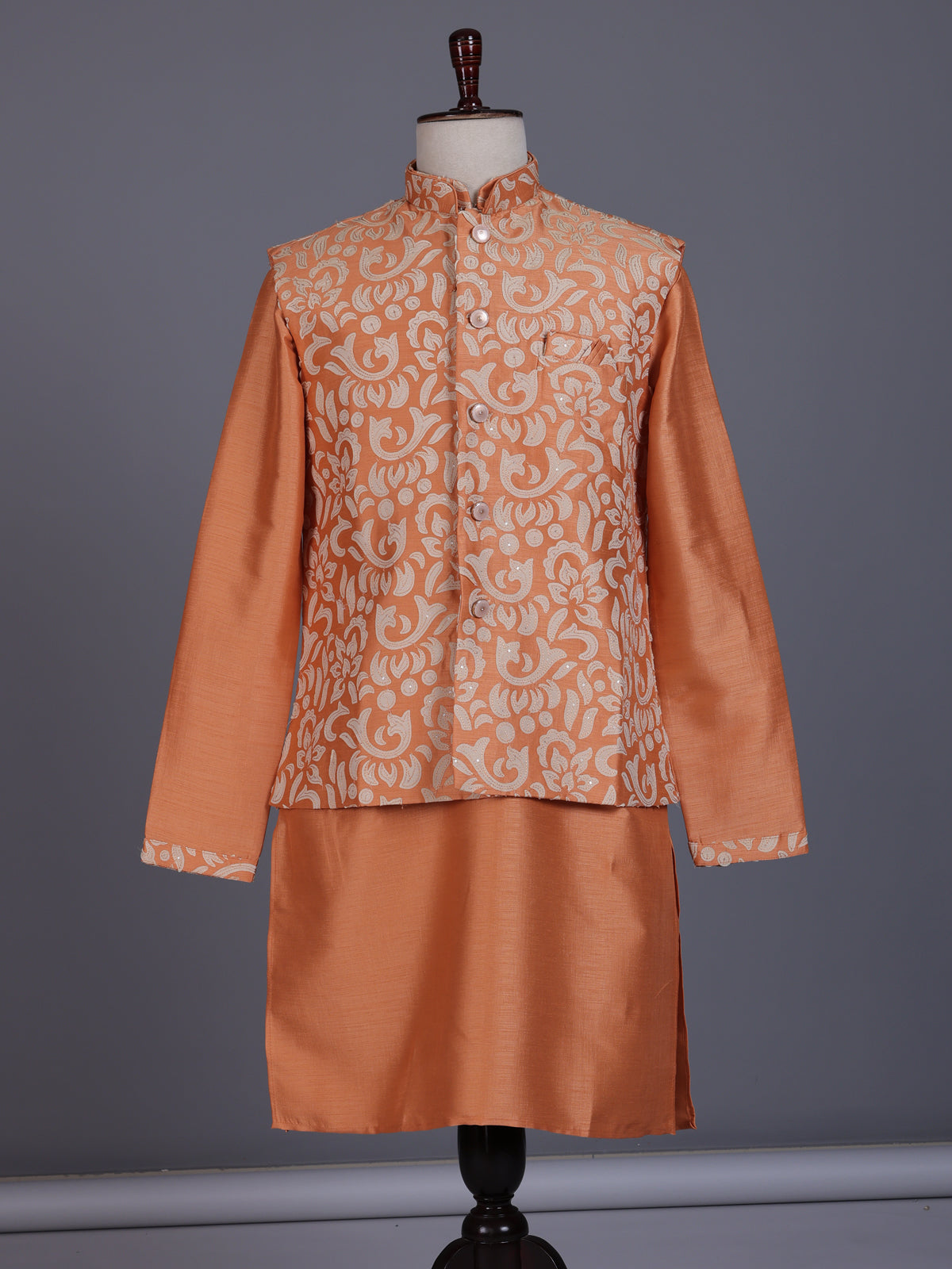 Peach silk mens waistcoat set with botanical sequin weave detailing