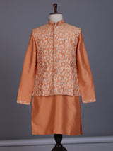 Peach silk mens waistcoat set with botanical sequin weave detailing