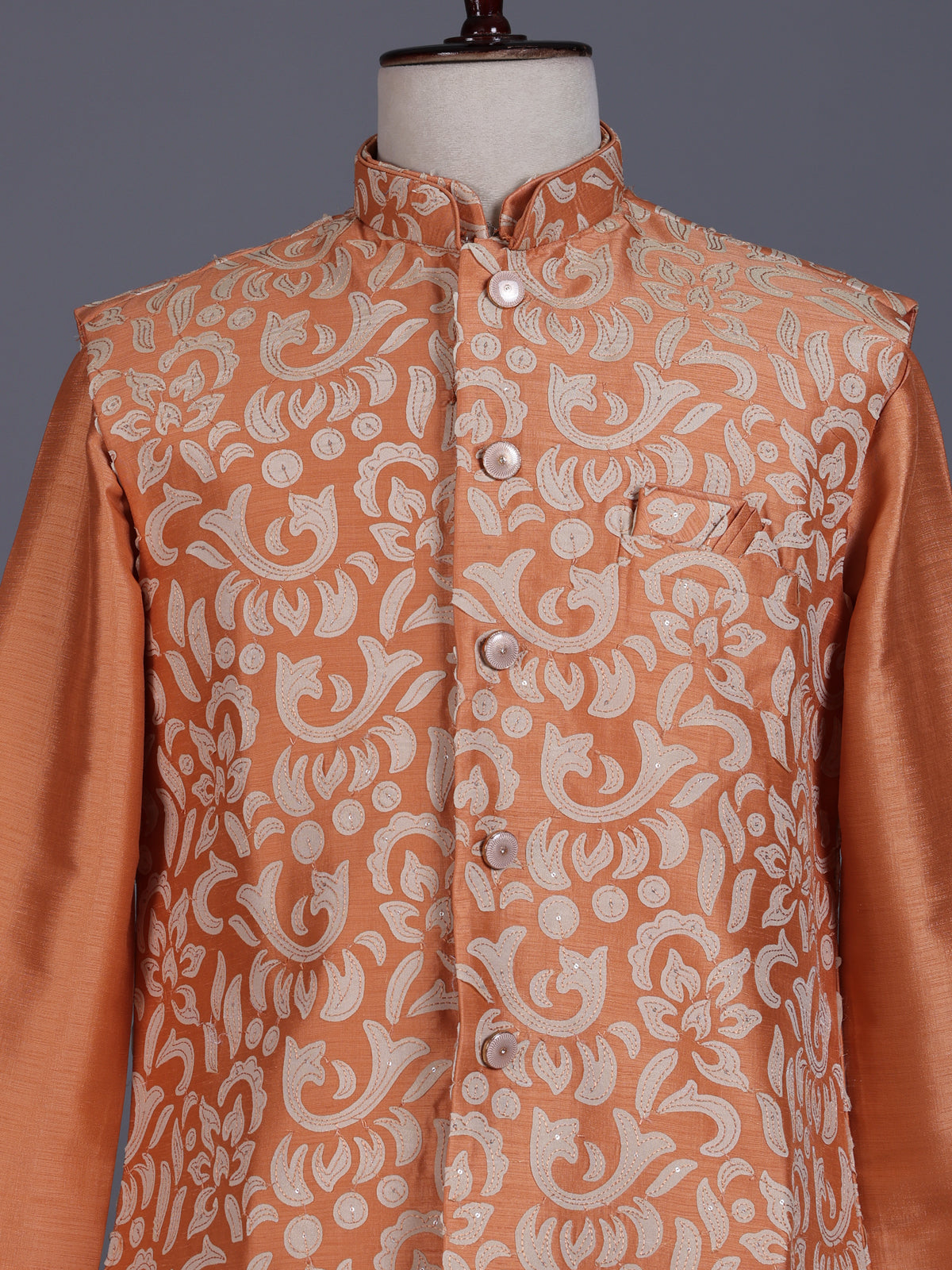 Peach silk mens waistcoat set with botanical sequin weave detailing
