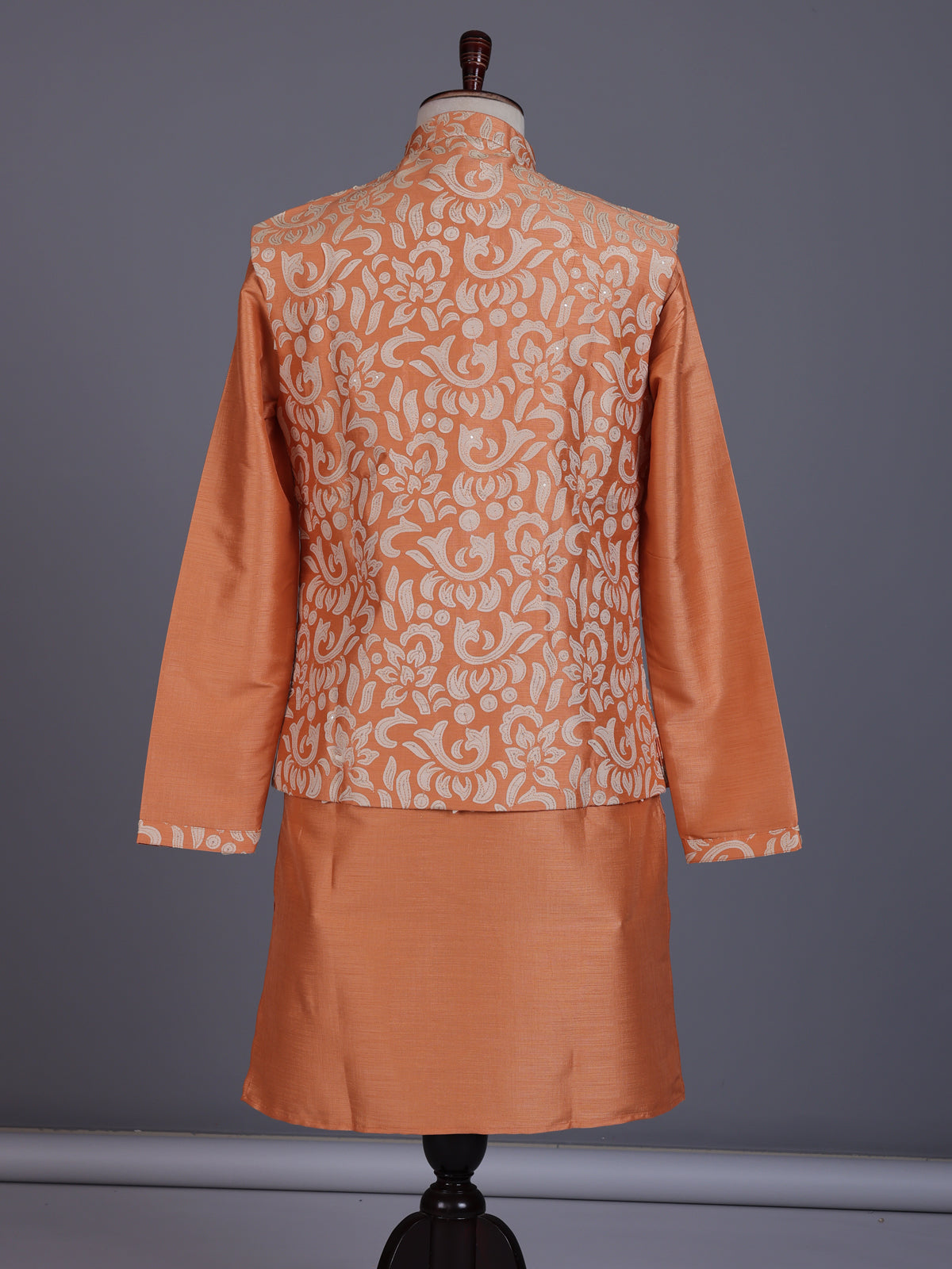 Peach silk mens waistcoat set with botanical sequin weave detailing