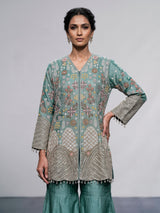 Pastel mint blue silk palazzo suit with sequins and tassel detailing