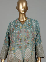 Pastel mint blue silk palazzo suit with sequins and tassel detailing