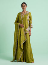 Mehendi green satin silk palazzo suit with zardosi embellishments