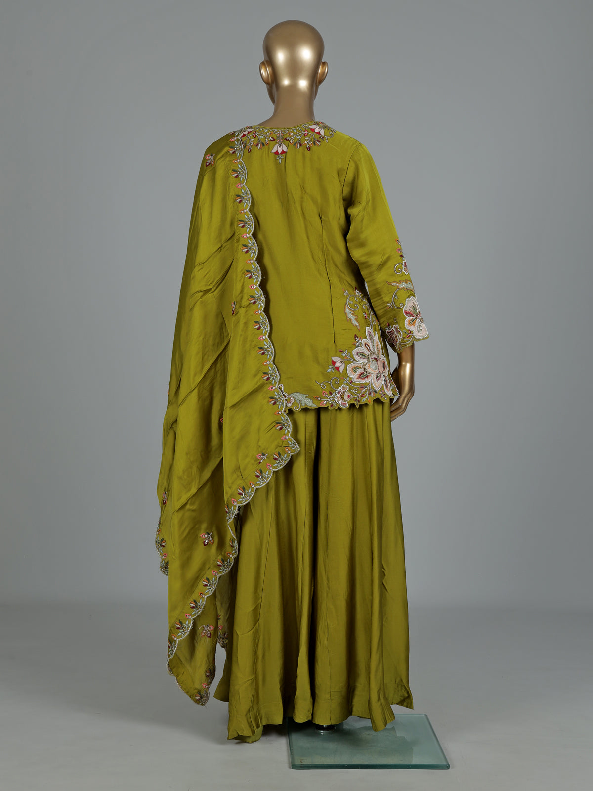 Mehendi green satin silk palazzo suit with zardosi embellishments