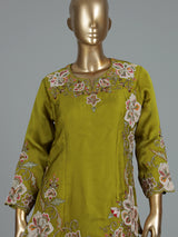 Mehendi green satin silk palazzo suit with zardosi embellishments